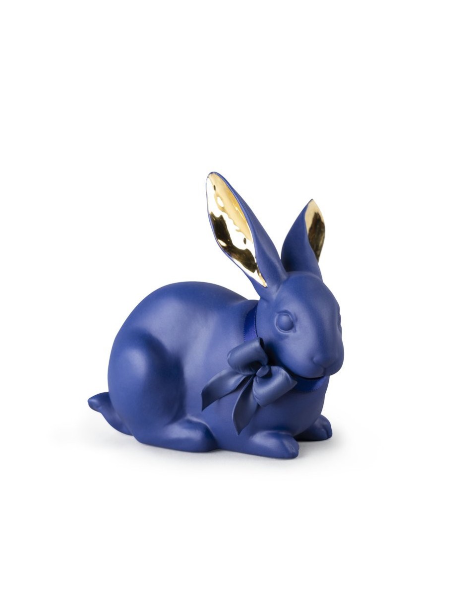 Blue-Gold Lladró Bunny: Attentive Porcelain Figurine