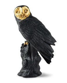 "Lladró Owl Black-Gold Porcelana 01009692 - Arte e Elegância em Det