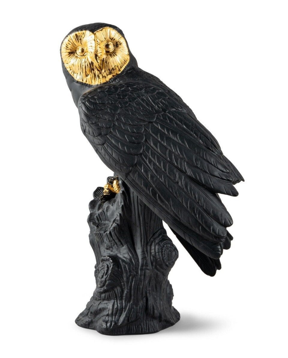 "Lladró Owl Black-Gold Porcelana 01009692 - Arte e Elegância em Det