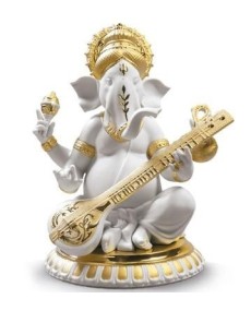 Lladro Porcelain Veena Ganesha Golden Redeco 01009276