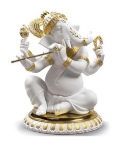 Lladro Porcelain Bansuri Ganesha Golden Redeco