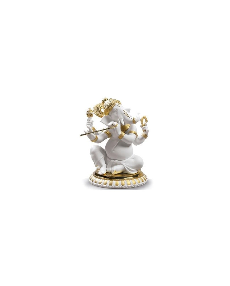 Lladro Porcelain Bansuri Ganesha Golden Redeco